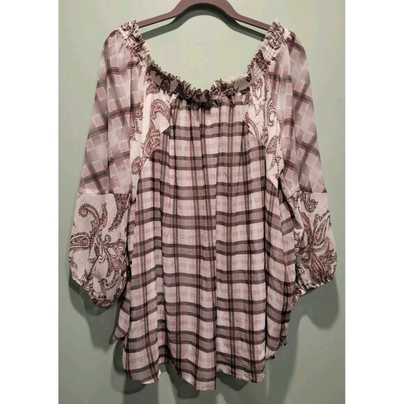 New Loft Pink Gray Multi Pattern Chiffon Peasant Top Sz XL - Picture 3 of 6